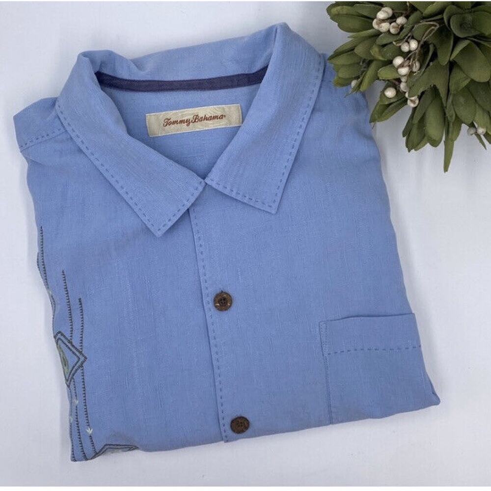 Men Tommy Bahama Relax Blue 100% Silk Shirt Size XL Short Sleeve